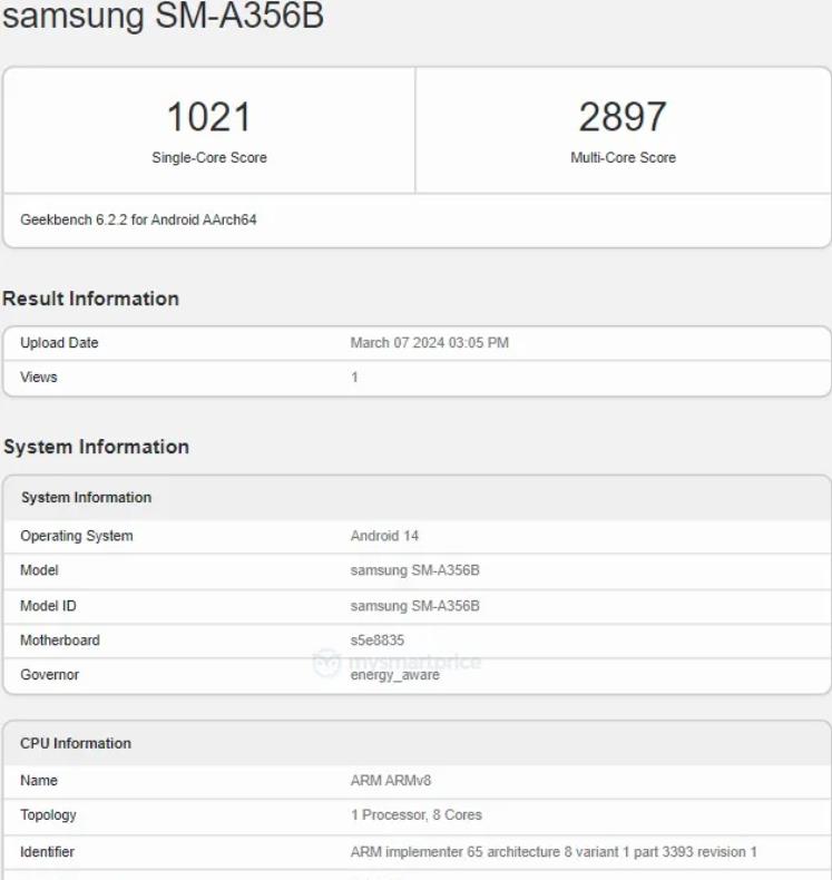 三星Galaxy A35 5G全球機型現(xiàn)身Geekbench 帶有6GB RAM(圖1)